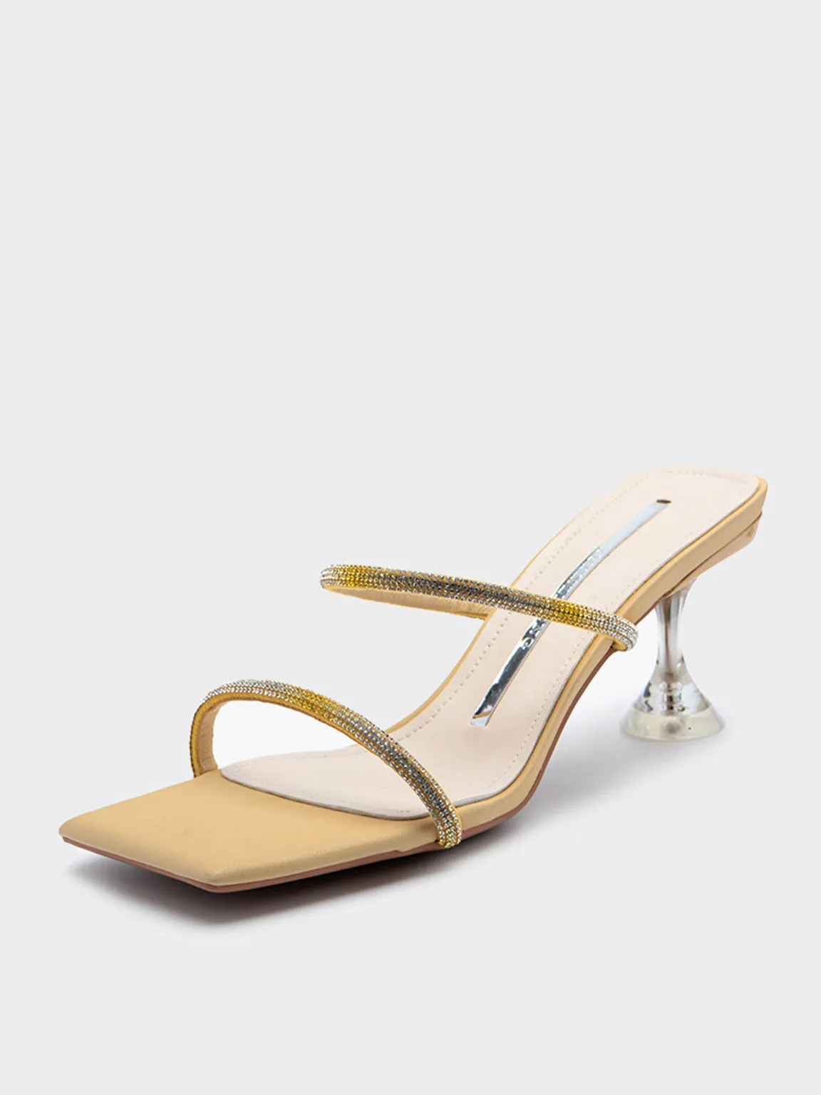Square Peep Toe Rhinestone Mules Transparent Kitten Heel Sandals