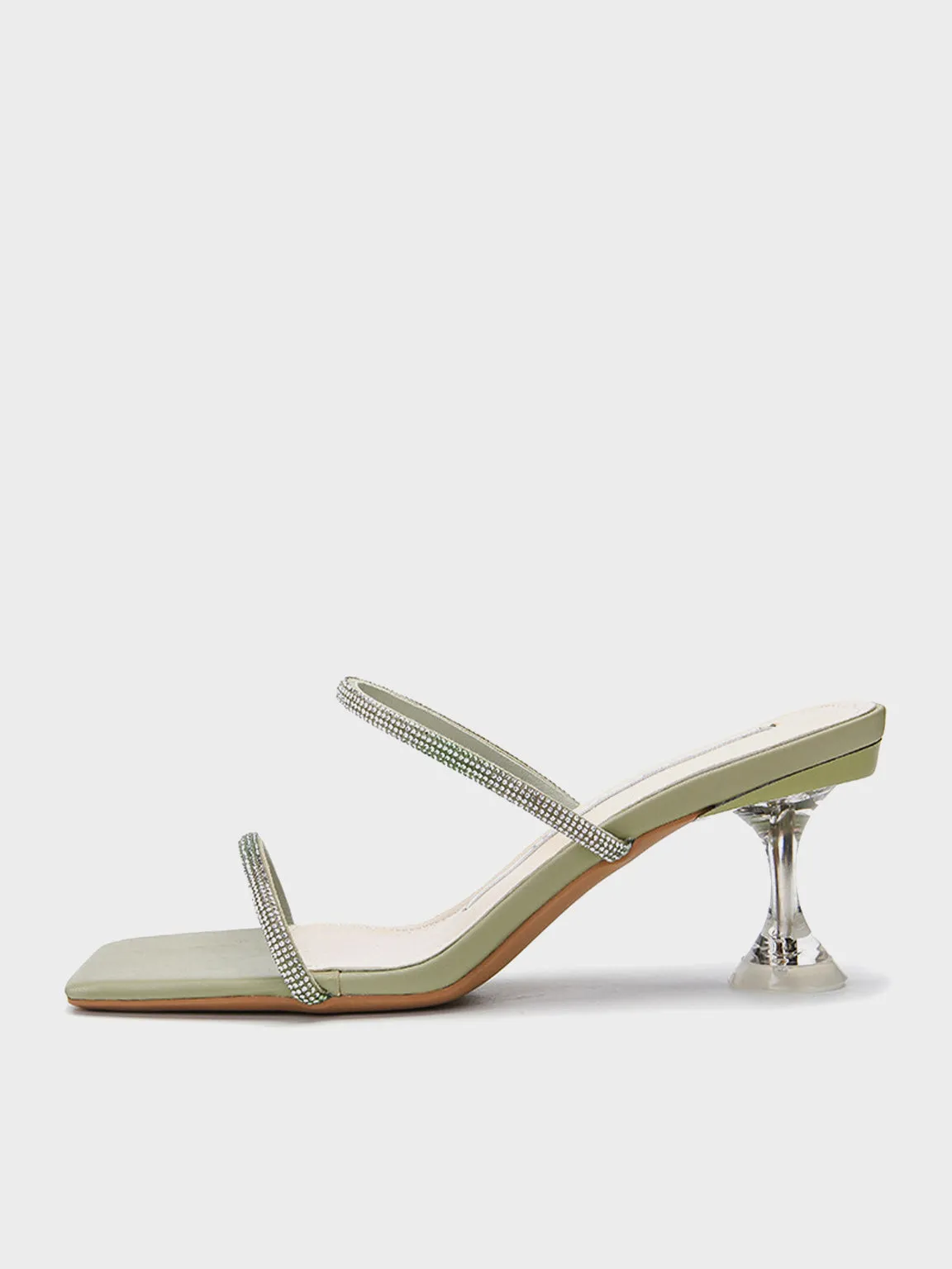 Square Peep Toe Rhinestone Mules Transparent Kitten Heel Sandals