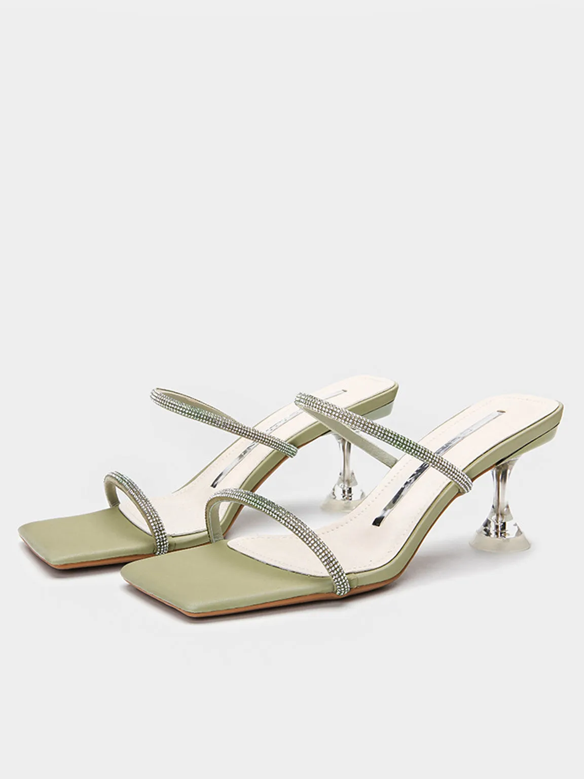 Square Peep Toe Rhinestone Mules Transparent Kitten Heel Sandals