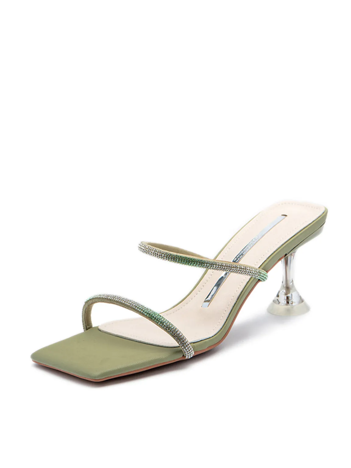 Square Peep Toe Rhinestone Mules Transparent Kitten Heel Sandals