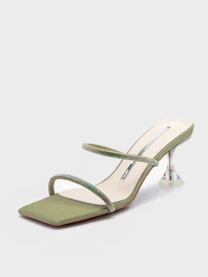 Square Peep Toe Rhinestone Mules Transparent Kitten Heel Sandals