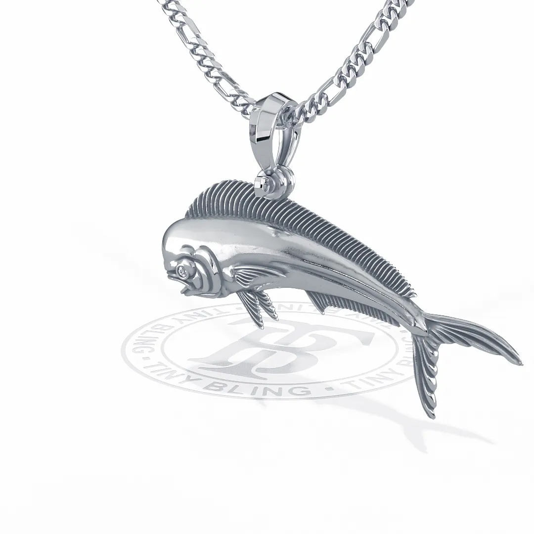 Sterling Silver Mahi Mahi Dolphinfish Pendant with Genuine Diamond Eyes designed by TinyBling