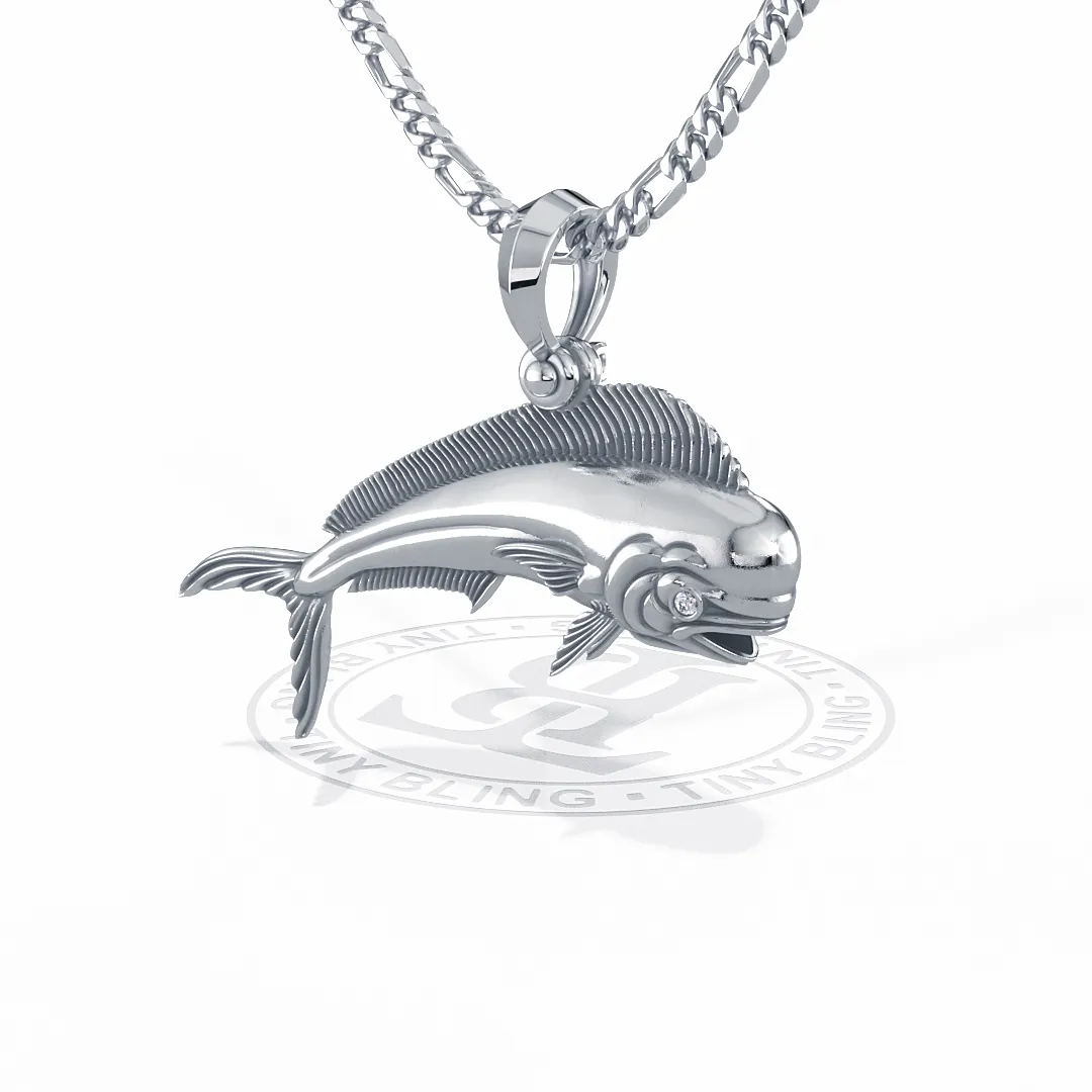 Sterling Silver Mahi Mahi Dolphinfish Pendant with Genuine Diamond Eyes designed by TinyBling