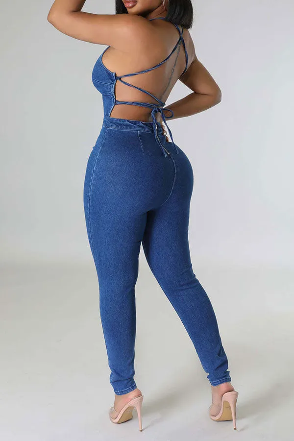 storexq Blue Denim Smart Backless Jumpsuit