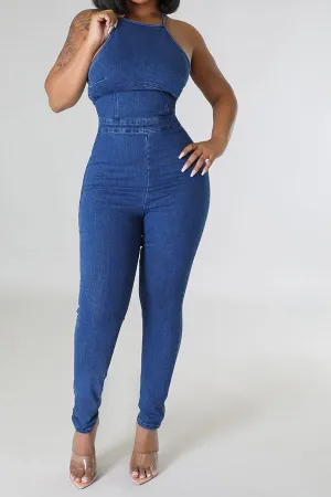 storexq Blue Denim Smart Backless Jumpsuit