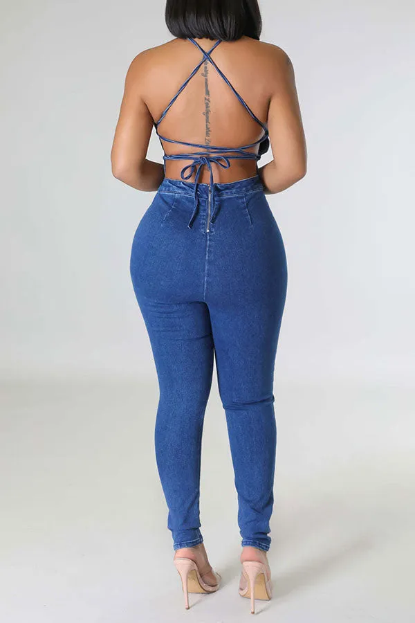 storexq Blue Denim Smart Backless Jumpsuit