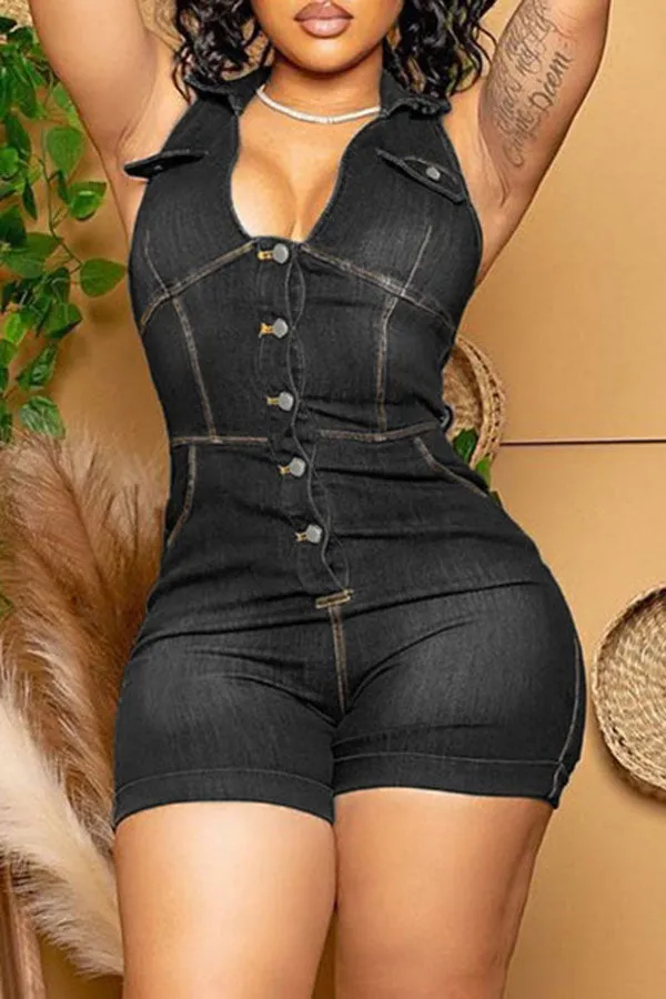 storexq Denim Casual Single Breasted Romper
