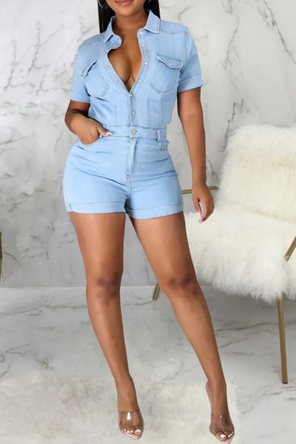 storexq Denim Sporty Single Breasted Romper