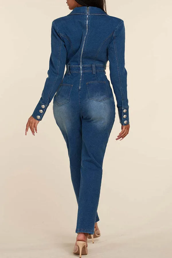 storexq Gradient Denim Chic Peak Lapel Bodycon Jumpsuit