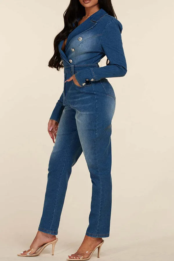 storexq Gradient Denim Chic Peak Lapel Bodycon Jumpsuit