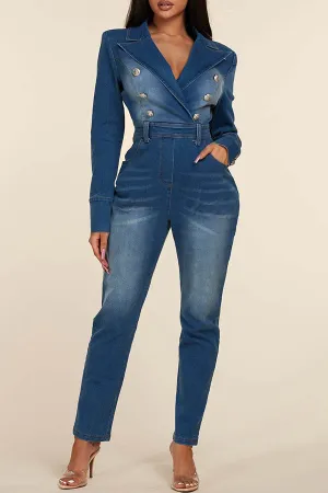 storexq Gradient Denim Chic Peak Lapel Bodycon Jumpsuit