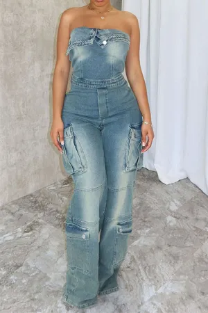 storexq Gradient Denim Strapless Hippy Multi Pocket Jumpsuit