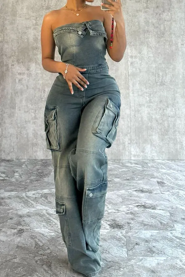 storexq Gradient Denim Strapless Hippy Multi Pocket Jumpsuit