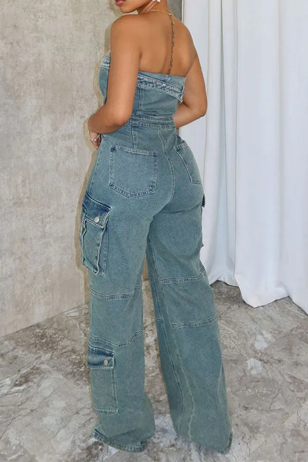 storexq Gradient Denim Strapless Hippy Multi Pocket Jumpsuit