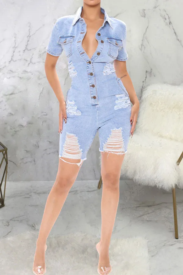 storexq Ripped On-trend Button Thru Denim Romper