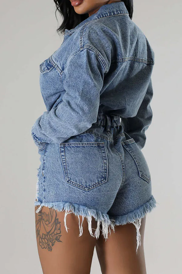storexq Ripped Washed Denim Simple Button Romper