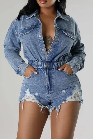 storexq Ripped Washed Denim Simple Button Romper