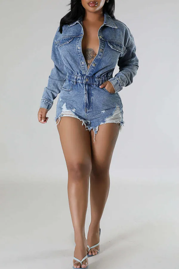 storexq Ripped Washed Denim Simple Button Romper
