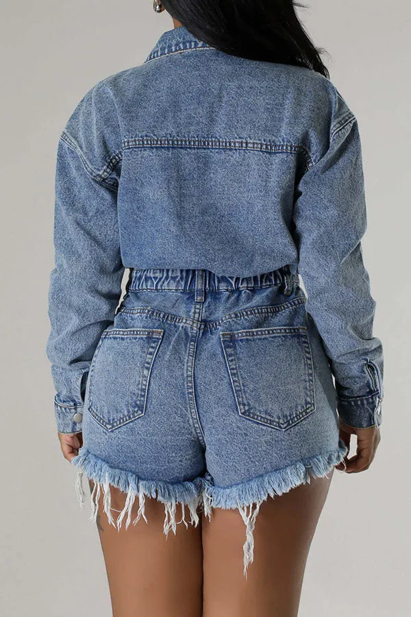 storexq Ripped Washed Denim Simple Button Romper