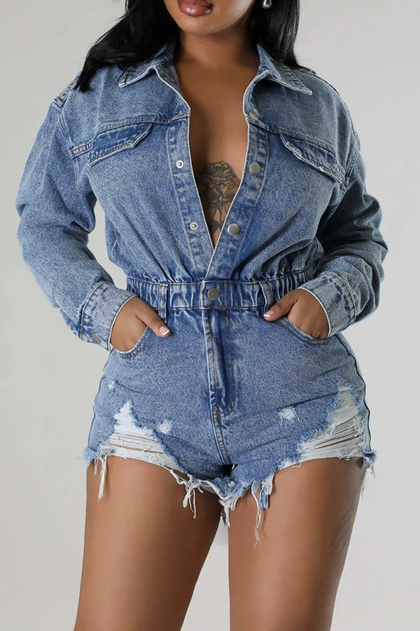 storexq Ripped Washed Denim Simple Button Romper