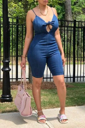 storexq Solid Color Bowknot Elegant Denim Romper