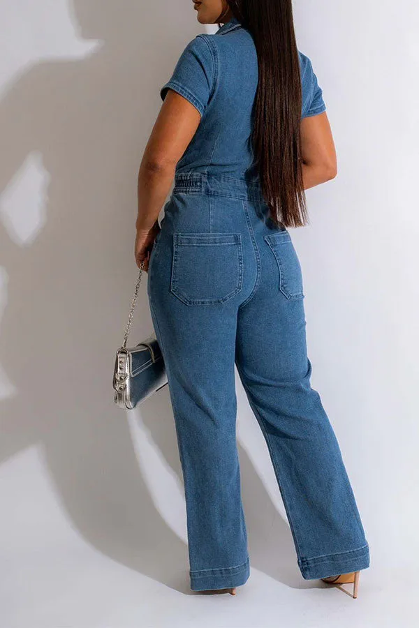 storexq Solid Color Casual Button Thru Denim Jumpsuit