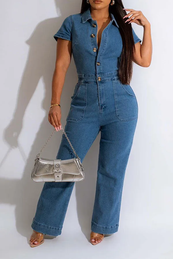 storexq Solid Color Casual Button Thru Denim Jumpsuit