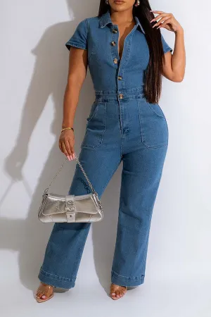 storexq Solid Color Casual Button Thru Denim Jumpsuit