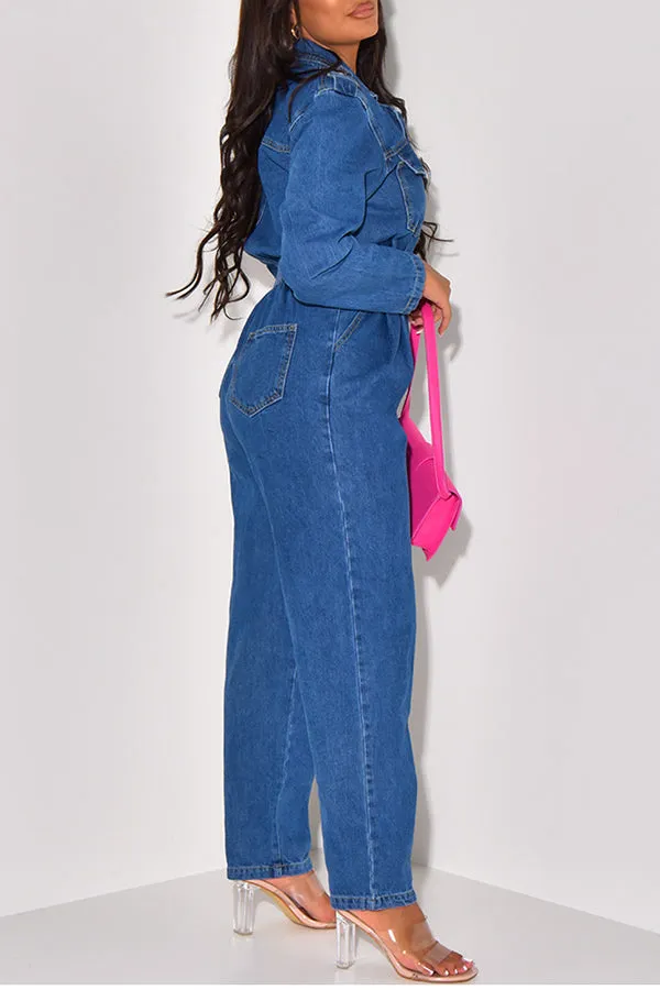 storexq Solid Color Notched Lapel Commuting Denim Jumpsuit