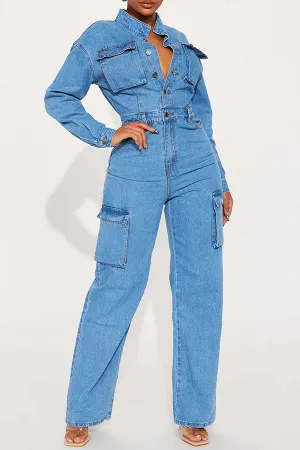 storexq Solid Color Washed Denim Unique Multi Pocket Jumpsuit