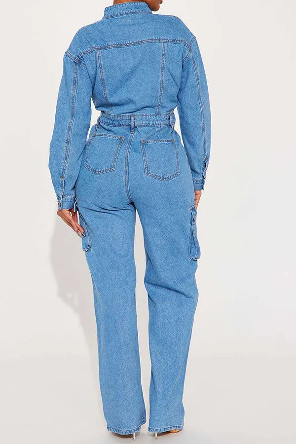 storexq Solid Color Washed Denim Unique Multi Pocket Jumpsuit