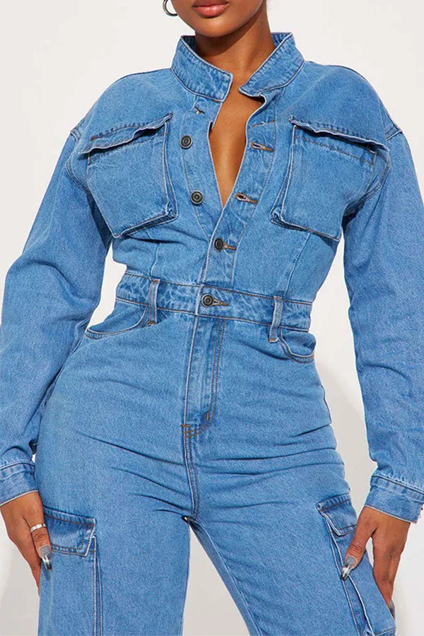 storexq Solid Color Washed Denim Unique Multi Pocket Jumpsuit