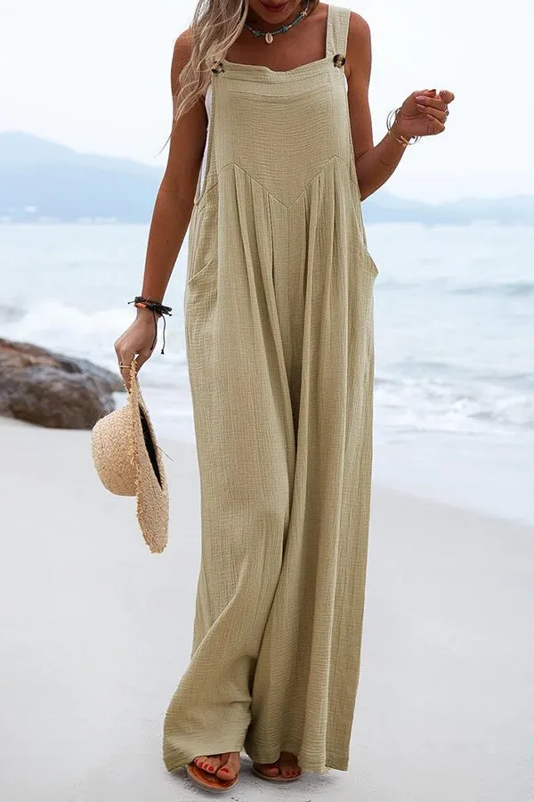 Stunncal Ethnic Button Suspender Wide Leg Line Jumpsuit