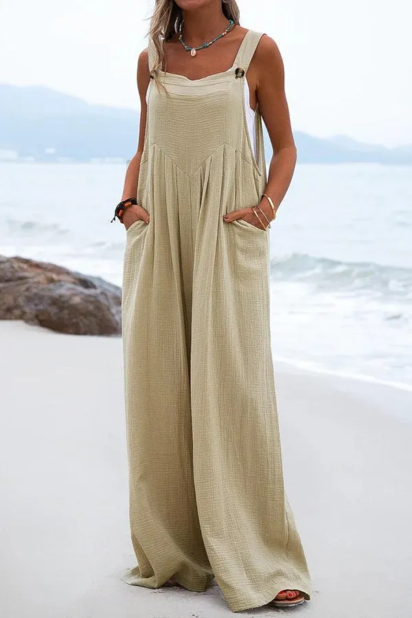 Stunncal Ethnic Button Suspender Wide Leg Line Jumpsuit