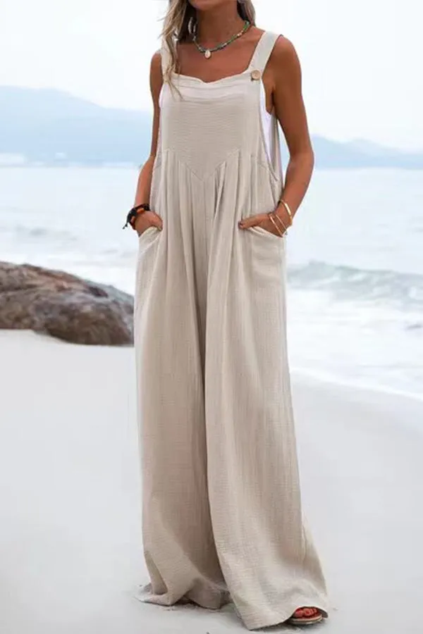 Stunncal Ethnic Button Suspender Wide Leg Line Jumpsuit