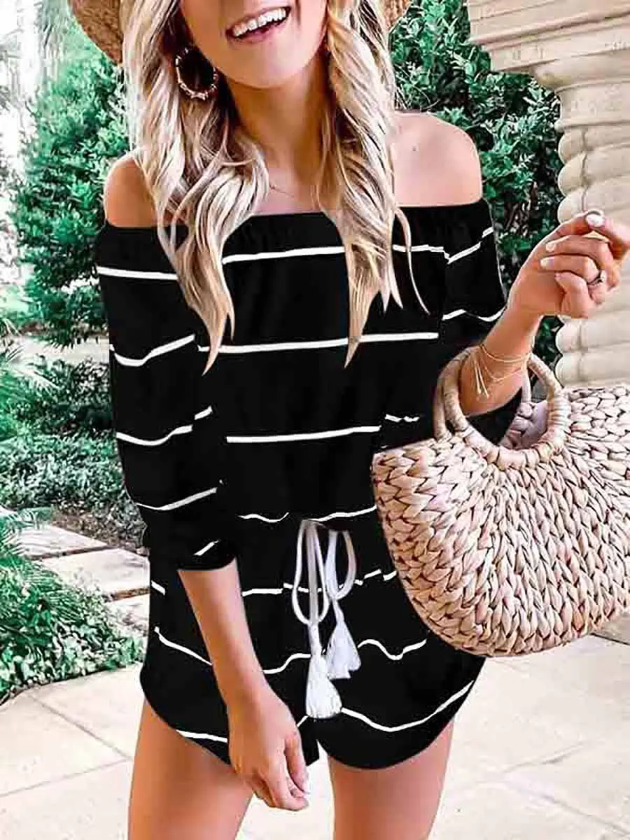 Stunncal Long Sleeve Striped Off Shoulder Casual Wear Romper