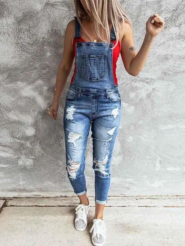 Stunncal Ripped Stretch Denim Jumpsuit