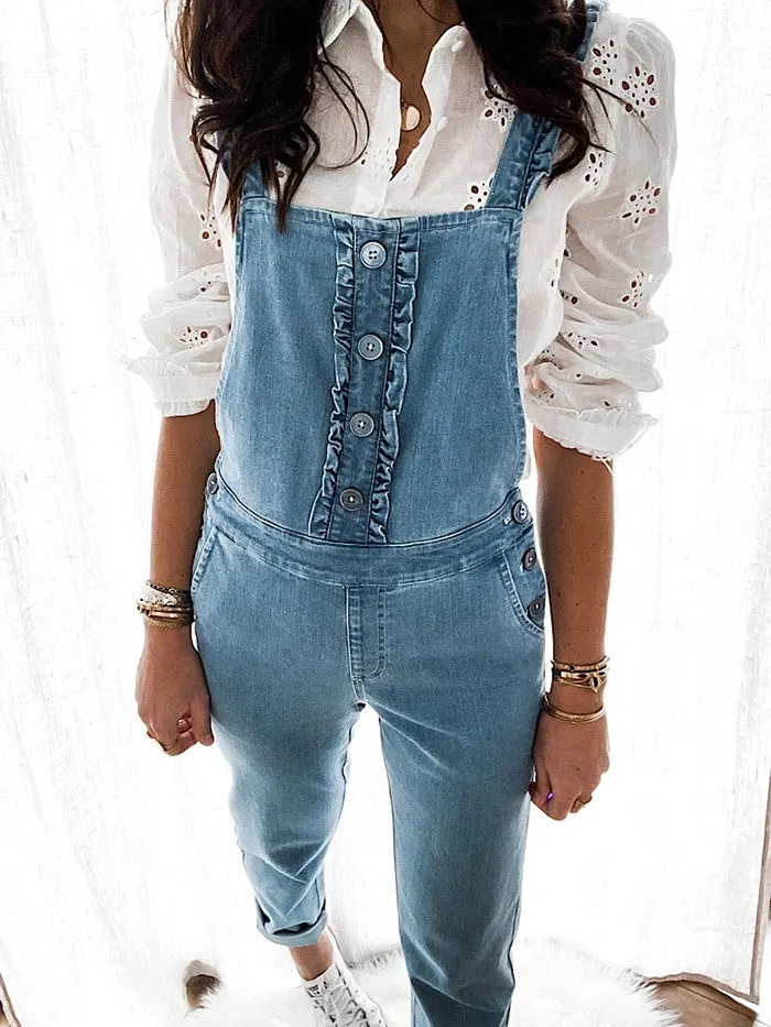 Stunncal Sassy Sweetheart Ruffle Button Down Denim Overalls