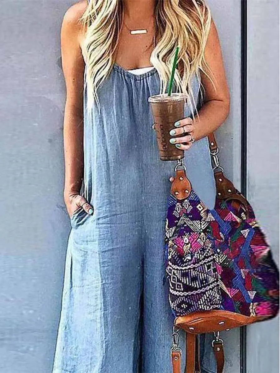 Stunncal Sleeveless V-neck Wide Leg Denim Jumpsuit