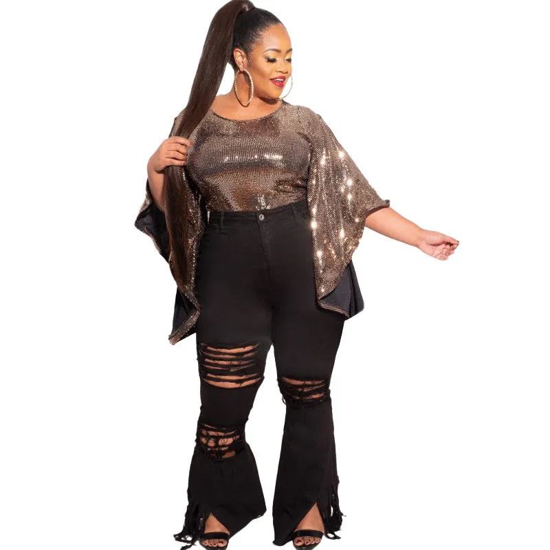Stylish Flare Trousers Plus-size Mid Waist Women's Ripped Jeans