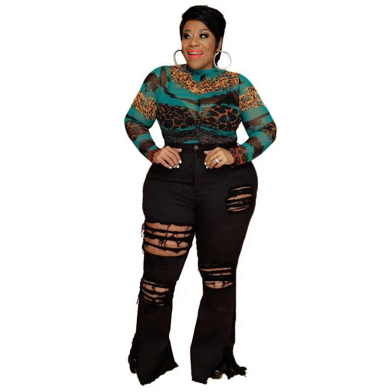 Stylish Flare Trousers Plus-size Mid Waist Women's Ripped Jeans