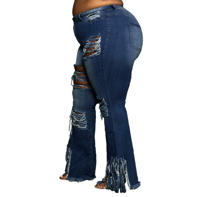 Stylish Flare Trousers Plus-size Mid Waist Women's Ripped Jeans
