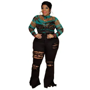 Stylish Flare Trousers Plus-size Mid Waist Women's Ripped Jeans
