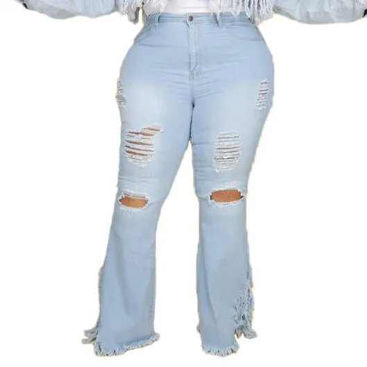 Stylish Flare Trousers Plus-size Mid Waist Women's Ripped Jeans