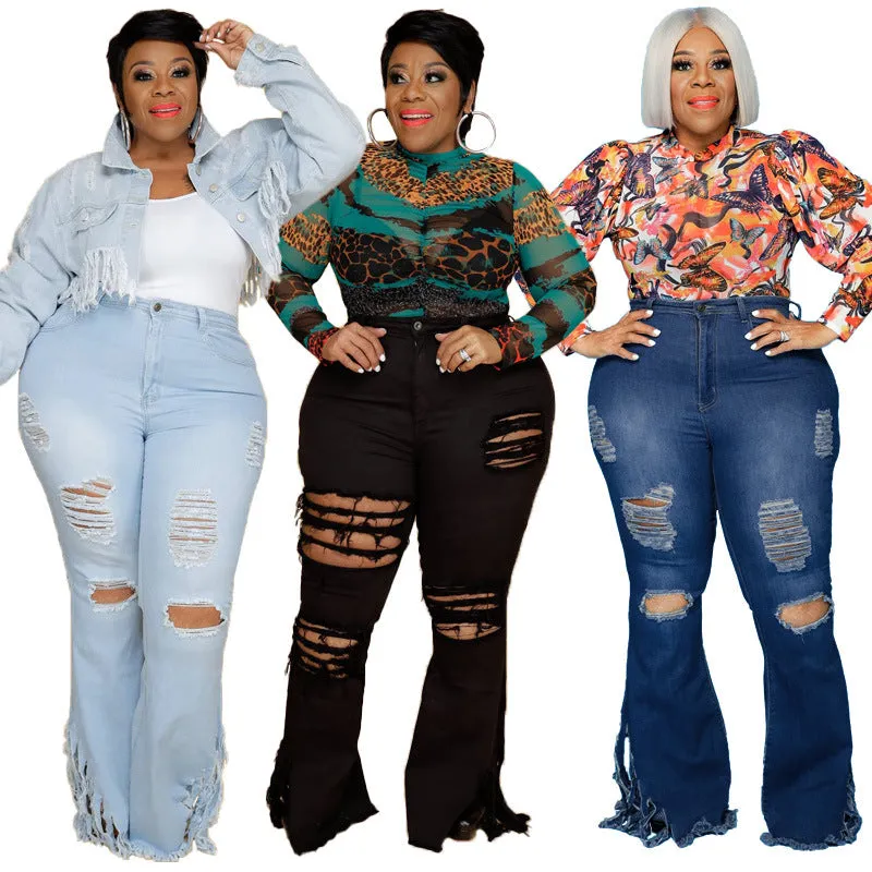 Stylish Flare Trousers Plus-size Mid Waist Women's Ripped Jeans