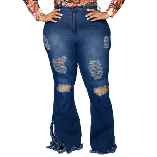 Stylish Flare Trousers Plus-size Mid Waist Women's Ripped Jeans