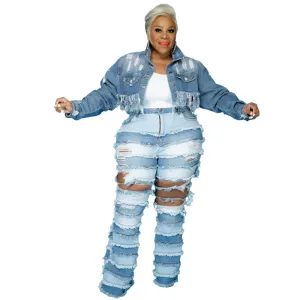 Stylish Fringed Edge Plus-size Women's Ripped Denim Jacket