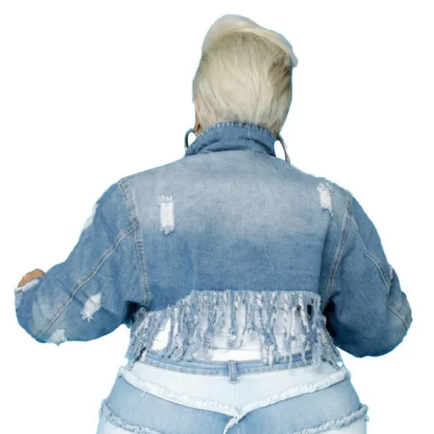 Stylish Fringed Edge Plus-size Women's Ripped Denim Jacket