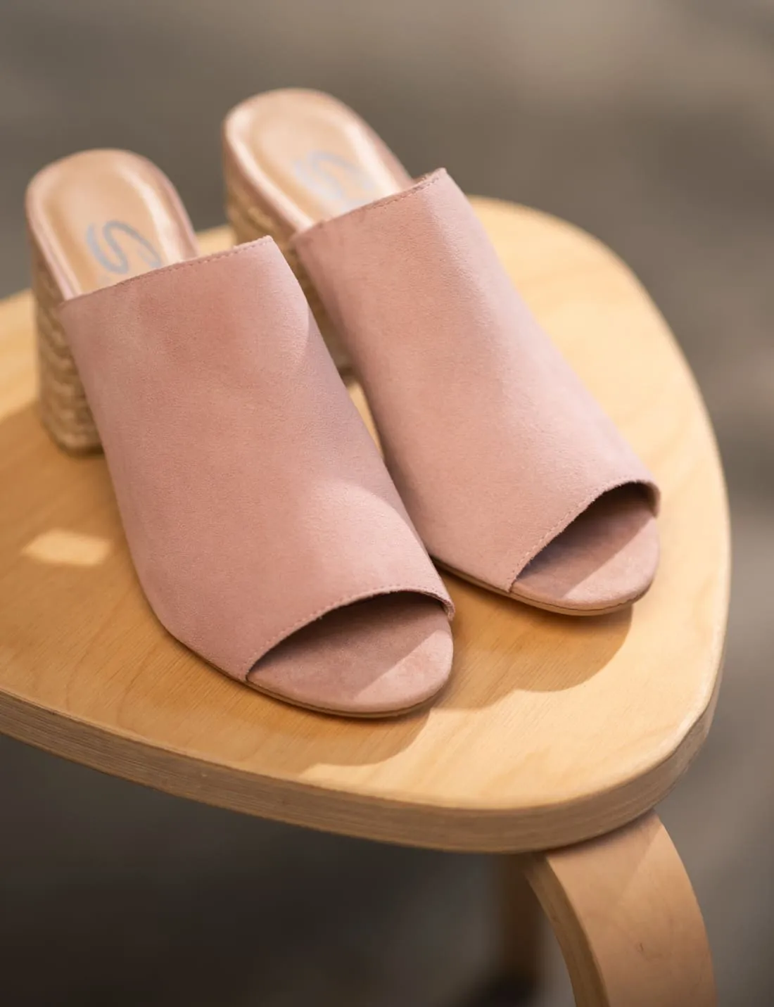 Suede Open Toe Mules in Blush