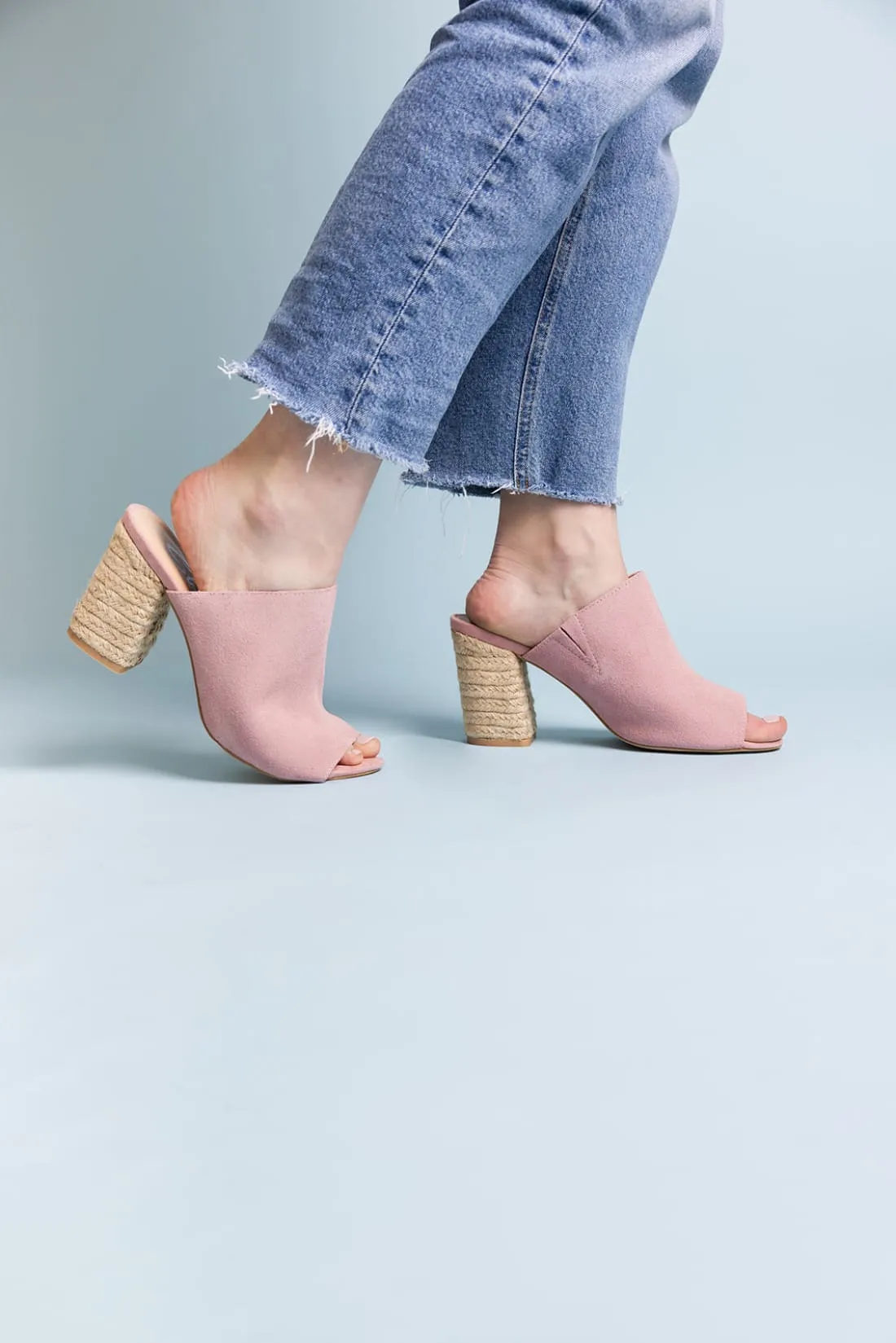 Suede Open Toe Mules in Blush